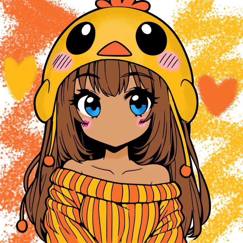 anime girl with chick shaped hat with sweater with bare shoulders with bangs covering them one eye with low tail