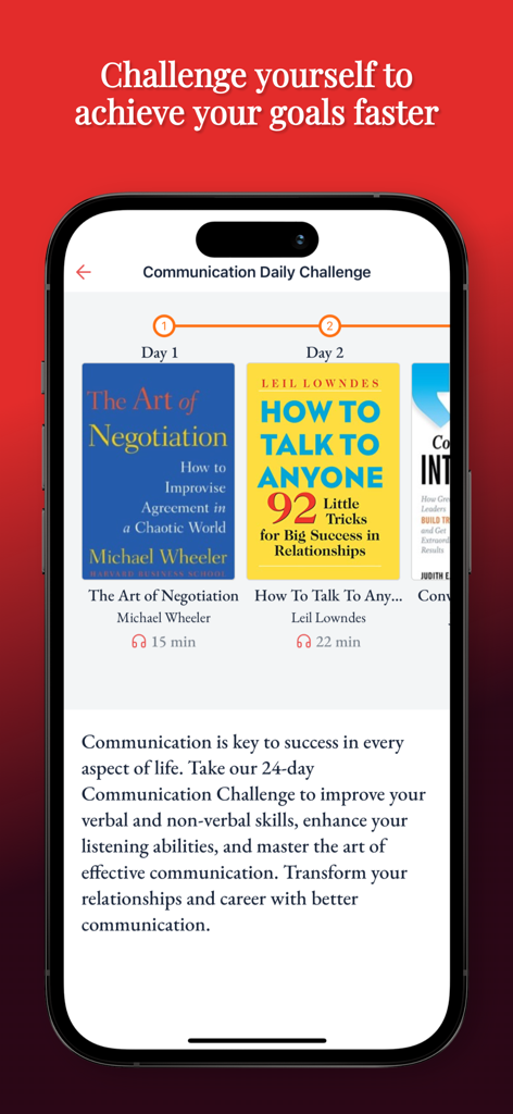 ReadBay: Book Summaries - Screenshot of the ReadBay app showing a daily communication challenge with book summaries for professional development