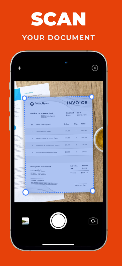 A smartphone screen scanning a business invoice document for conversion to PDF