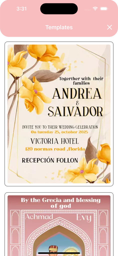 Una selección de plantillas de invitaciones de boda temáticas y florales dentro de la aplicación.