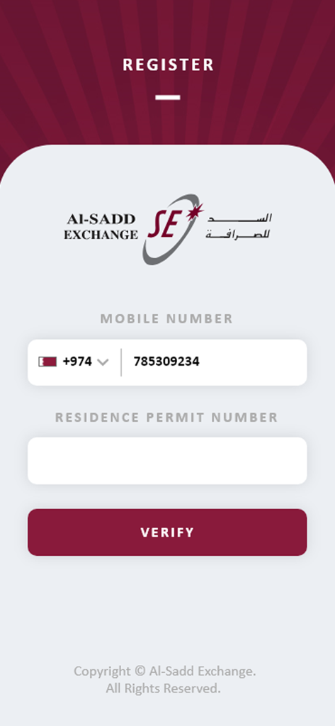 Al Sadd Exchange - Al Sadd Exchange app registration page with fields for mobile number and residence permit number