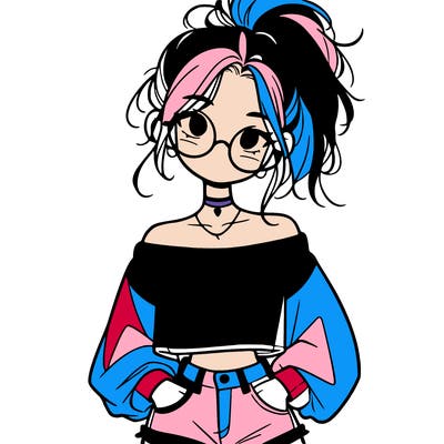 girl with a messy ponytail glasses a baggy crop top and jean shorts