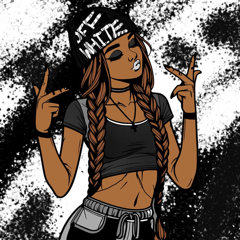 realistic teenage girl with braids and a beanie and crop top doing 🫶🏼