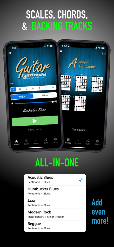 JamTracks+ Learn & Play Guitar - JamTracks guitar app interface showing backing tracks and pentatonic scale diagrams for solo practice