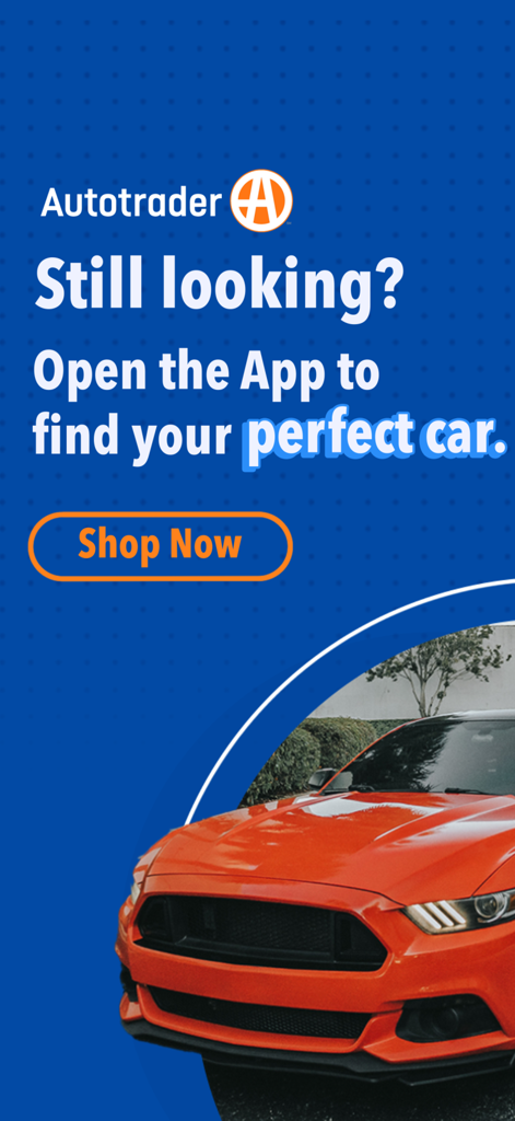 Autotrader – Shop All the Cars - Promotion de l'application Autotrader mettant en scène une voiture orange et un bouton « Acheter maintenant ».