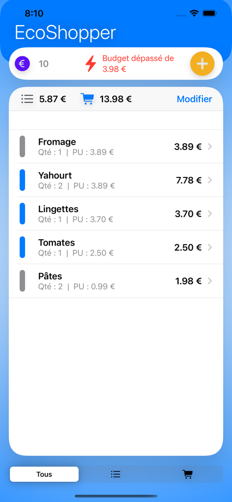 EcoShopper - EcoShopper mobile app screen showing a grocery shopping list with real-time budget tracking and item prices
