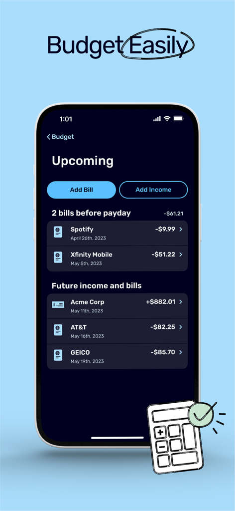 ONE at Work mobile app interface showing a list of upcoming bills and income to help with budgeting