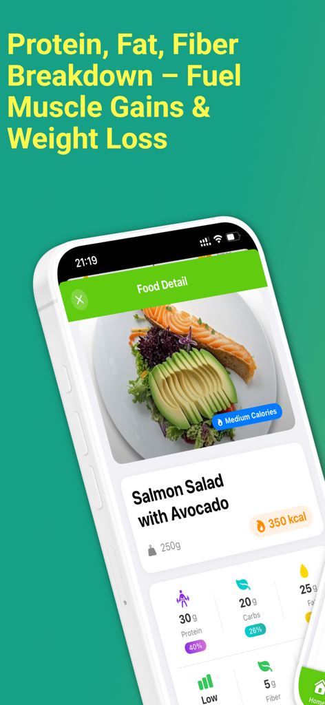 Diet Scan AI food detail screen showing protein fat and fiber breakdown for a salmon salad.
