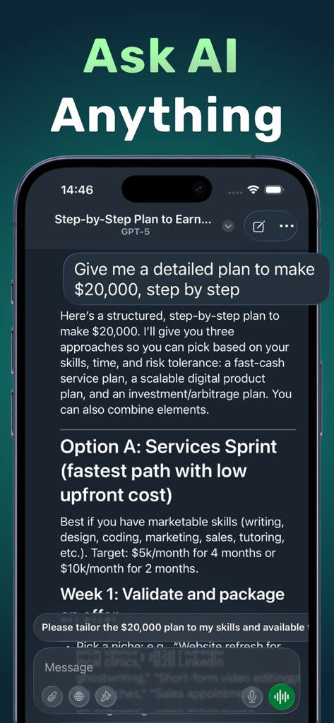 Xenova AI app screenshot showing a detailed step by step financial plan generated by GPT 5