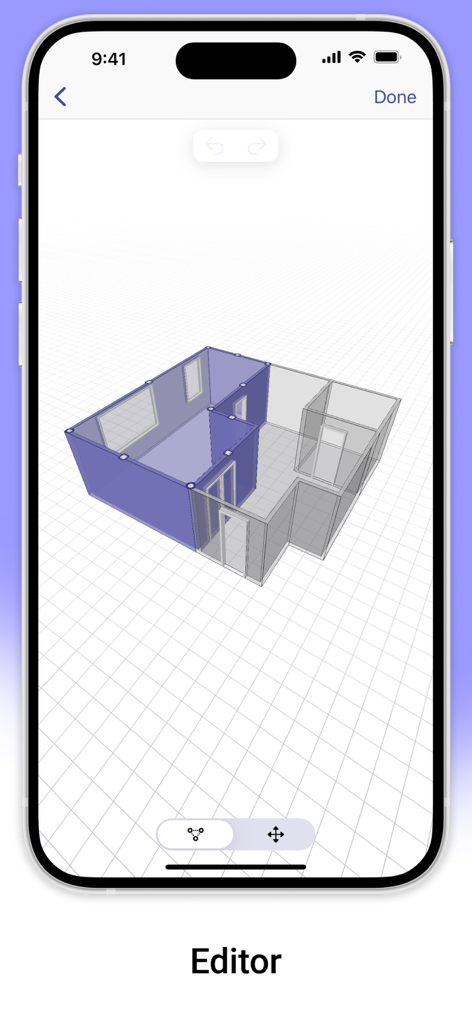 AR Plan 3D app editor showing a 3D floor plan layout on a mobile screen