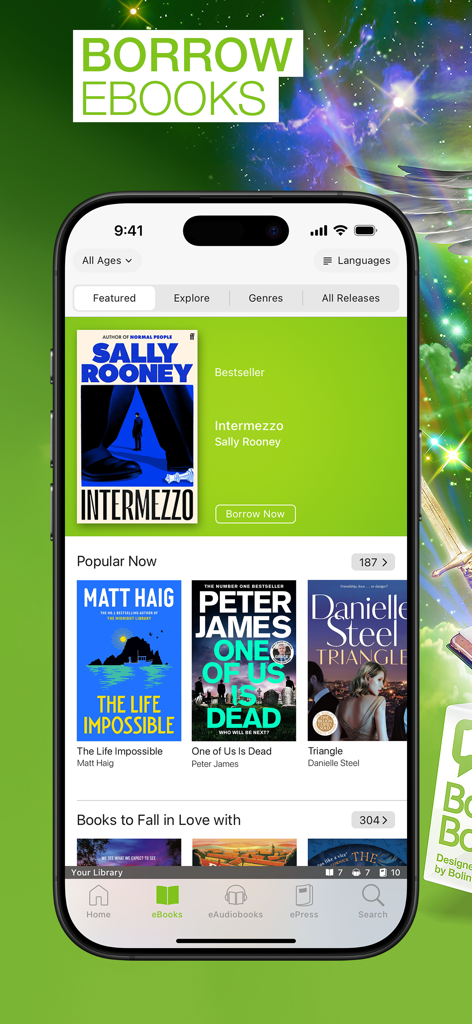 BorrowBox - BorrowBoxアプリのインターフェース。特集や人気の書籍タイトルが表示された電子書籍発見ページを示している。