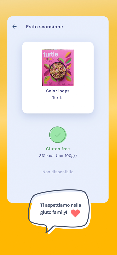 Gluto © Locali senza glutine - Scan-Ergebnis in der Gluto-App, das die Turtle Color Loops-Cerealien als glutenfrei bestätigt, mit Nährwertangaben
