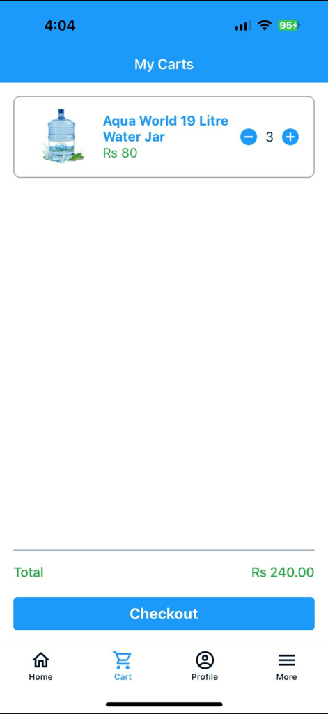 Aqua World - The cart screen of the Aqua World app displaying an order of three 19 liter water jars