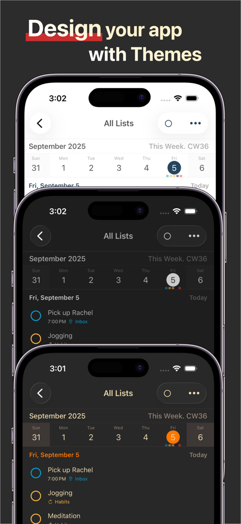 GoodTask - To Do List, Tasks - GoodTask app showing three different UI themes on iPhone screens