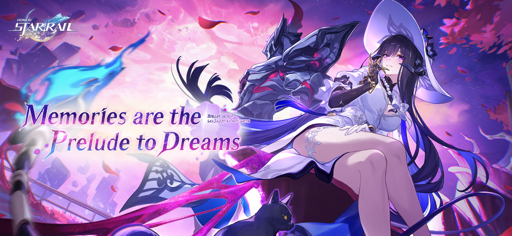 Honkai: Star Rail - 하얀 모자를 쓴 붕괴: 스타레일 애니메이션 캐릭터가 분홍색 하늘 아래 기계 기사와 함께 앉아 있는 모습