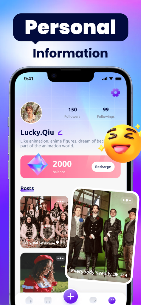 Adult Social Hub - VerCos - User profile interface of VerCos app showing follower counts, gem balance, and posted photos