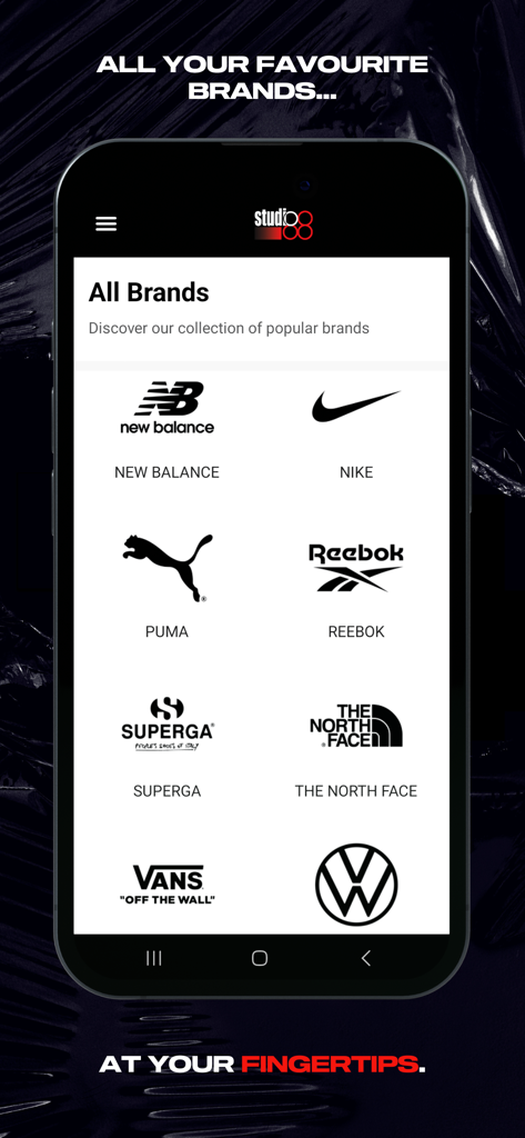 Studio 88 App - A mobile screen from the Studio 88 App displaying a variety of popular clothing and footwear brand logos including Nike, Puma, and New Balance.