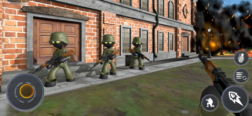 Stickman WW2 Duty - FPS - First person shooter gameplay of stickman soldiers in a World War 2 environment with an explosion.