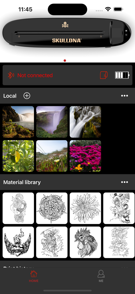 AVASUPPLY - Screenshot of the AVASUPPLY app home screen showing the SKULLDNA printer connection status and a library of tattoo line art designs.