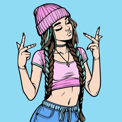 realistic teenage girl with braids and a beanie and crop top doing 🫶🏼