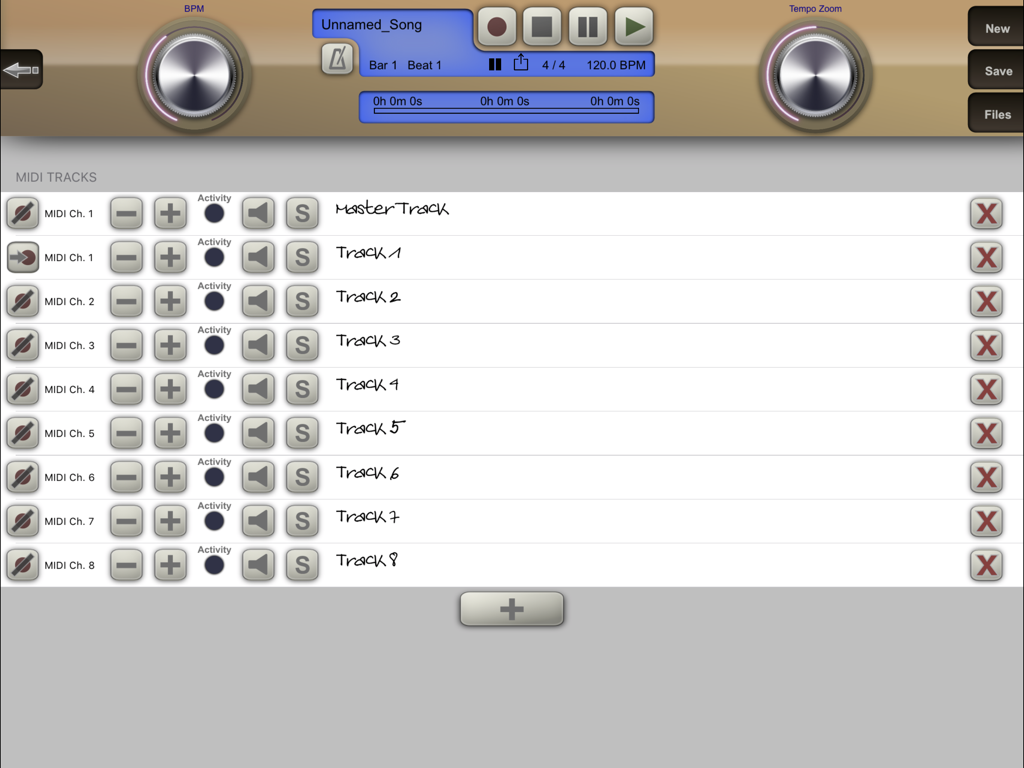 Interface for multi-track MIDI recording and playback in the Heavy Brass music production app.