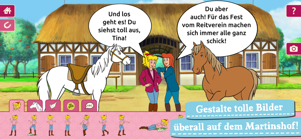 Childrens comic creation screen with Bibi and Tina characters and horses at a farm stable