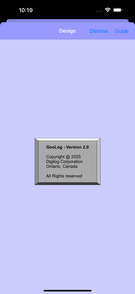 GeoLog - GeoLog app information screen displaying version 2.0 and copyright details