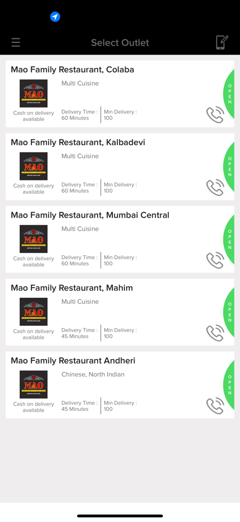 Mao Restaurant - List of Mao Family Restaurant branch locations for online ordering in the mobile app