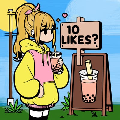 girl with oversized hoodie drinking boba and she has a high ponytail with a sign that says 10likes?
