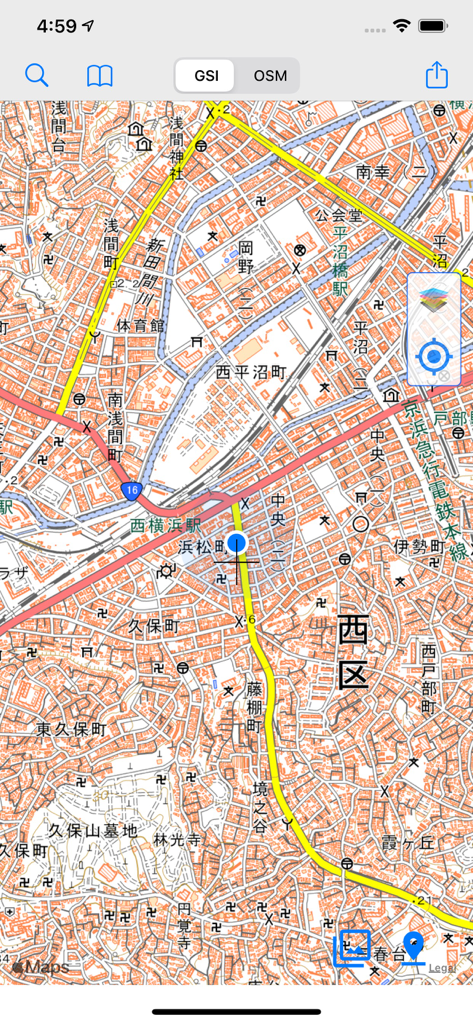 GSI Map++ - GSI Map plus appインターフェイスに表示された日本の詳細な地形図