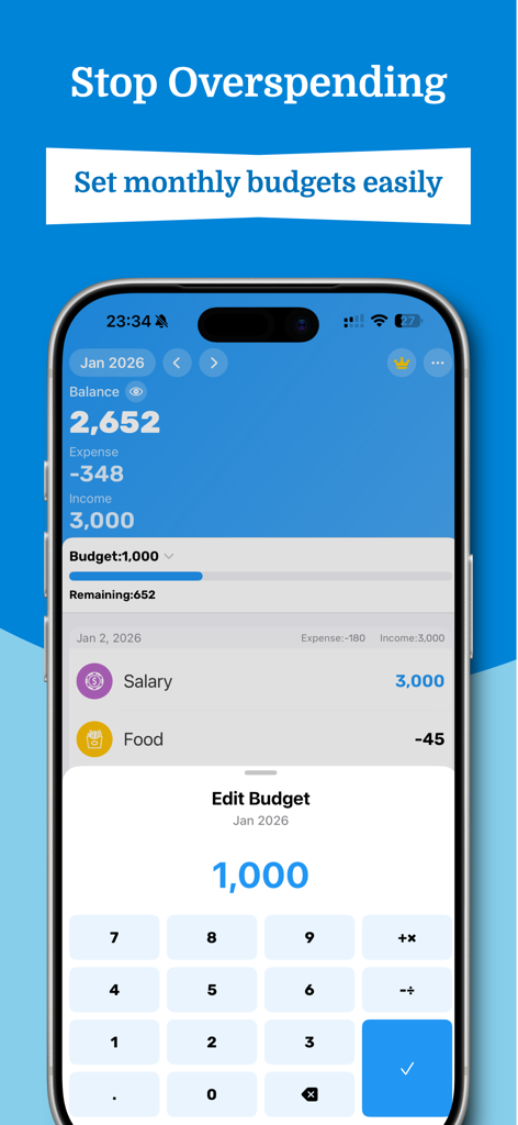 Expense Tracker: EasyBudget - Interface of the Expense Tracker EasyBudget app showing the monthly budget setting screen with a numeric keypad