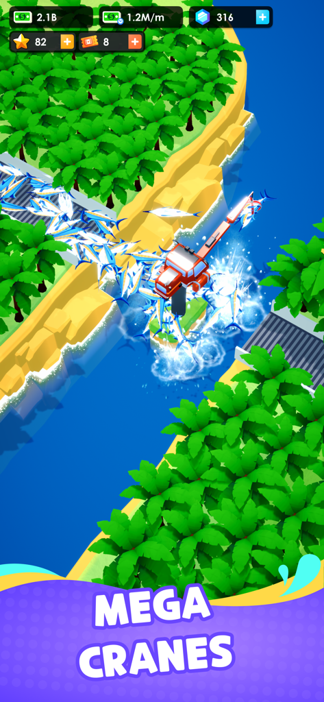 Seafood Inc - Screenshot di gioco di Seafood Inc che mostra una mega gru che solleva pesci blu dall'oceano verso un nastro trasportatore