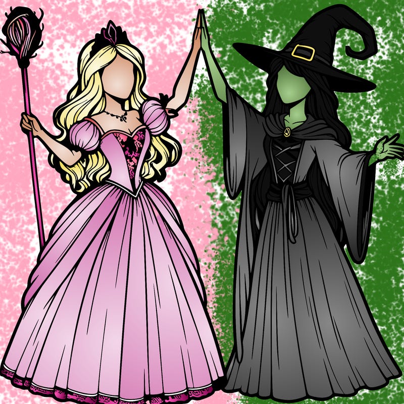 detailed realistic split of a princess and a witch