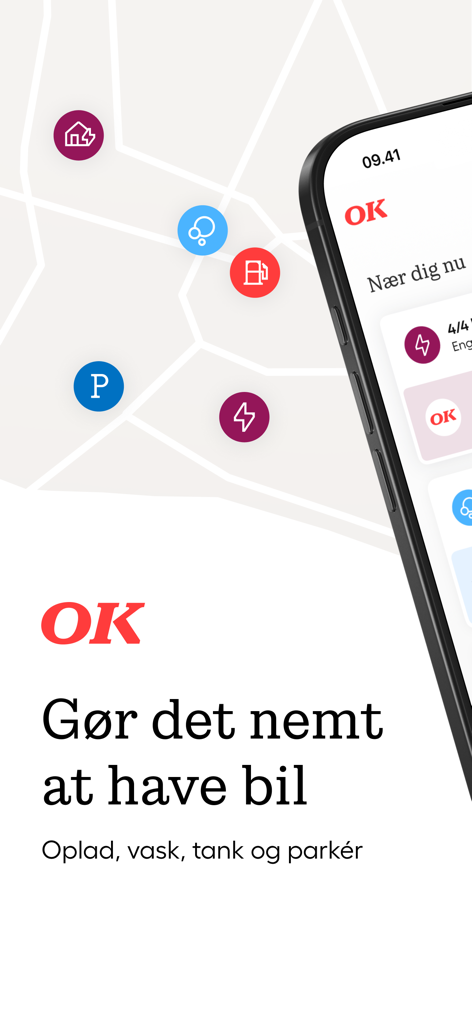 OK app interface on a smartphone showing map icons for refueling charging washing and parking