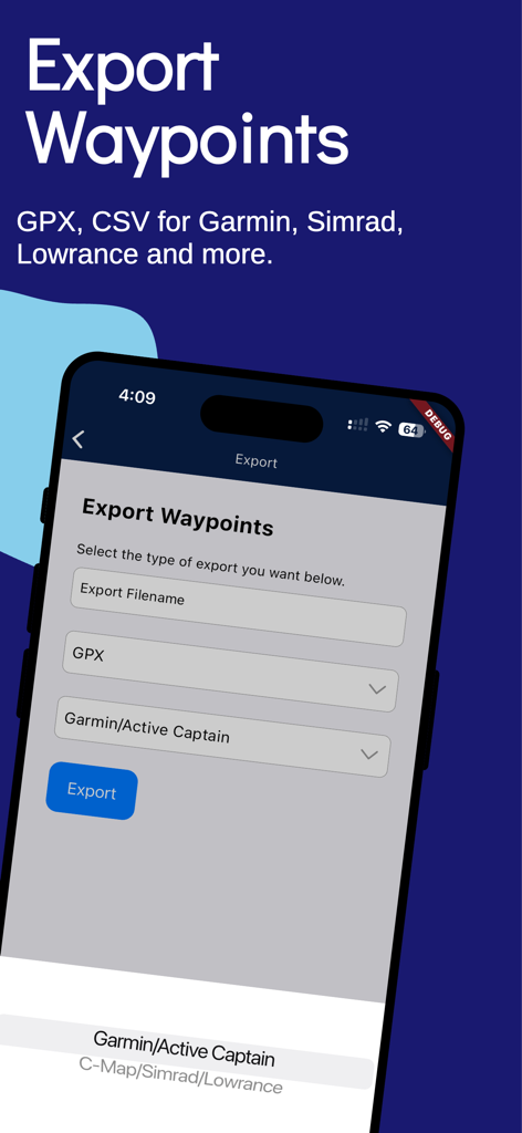 On My Marks app export waypoints screen for Garmin and Simrad