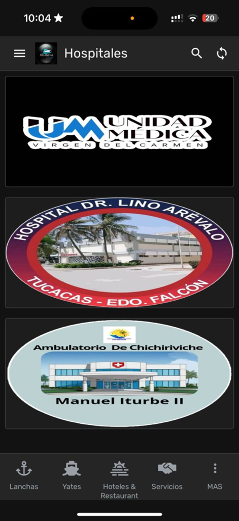 MIlanchaV - Interface of the MIlanchaV app showing a list of medical centers and local hospitals available for travelers.