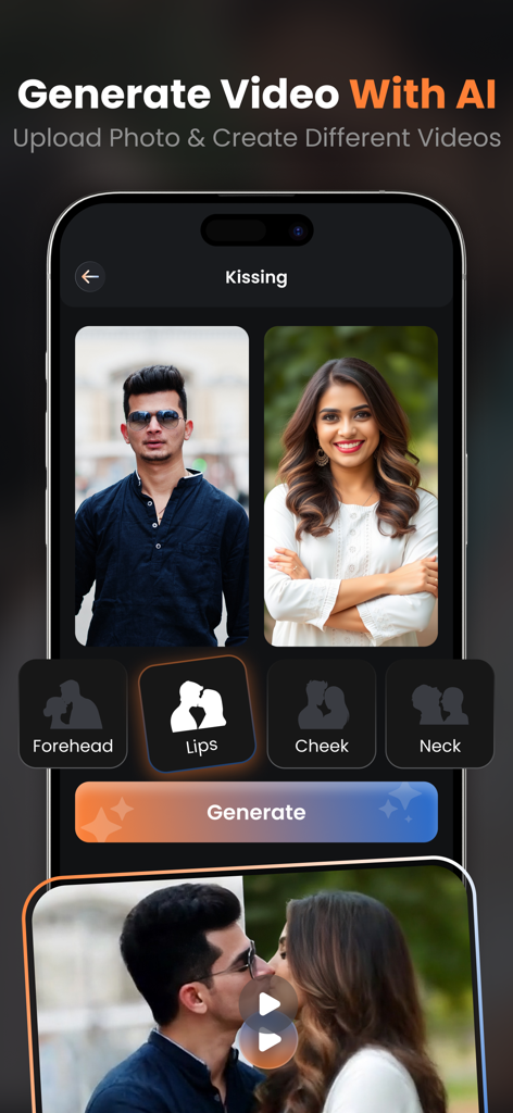 AI Kissing Video Generator - User interface of AI Kissing Video Generator app showing two photos and options for different kiss types like lips and forehead