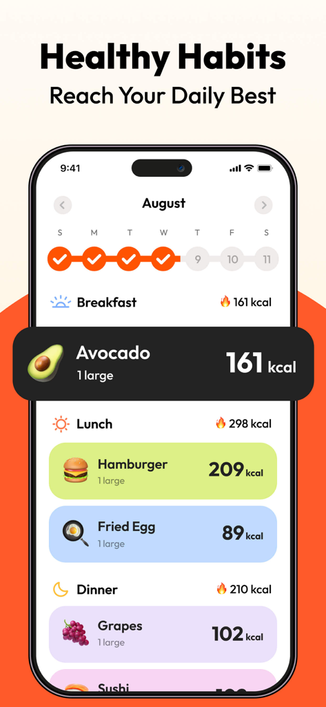 Calorie Pal - Macro Tracker - Calorie Pal app interface displaying a daily nutrition log with calories for various meals like avocado and hamburger