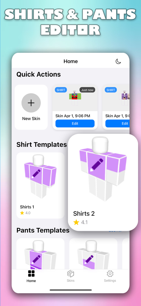 MasterBlox - Skins For Roblox - Écran d'accueil de l'application MasterBlox montrant des modèles de chemises et pantalons pour la personnalisation d'avatars Roblox