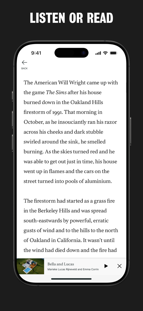 Alexander: Audiobooks & Series - A mobile screen showing the Alexander app interface with an article about The Sims and an audio player at the bottom illustrating the read and listen feature.