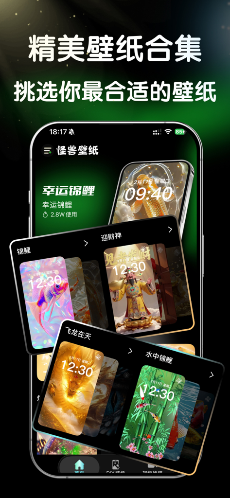 怪兽壁纸 - Monster Wallpaper app interface displaying a collection of traditional Chinese aesthetic phone backgrounds including lucky koi and golden dragons.