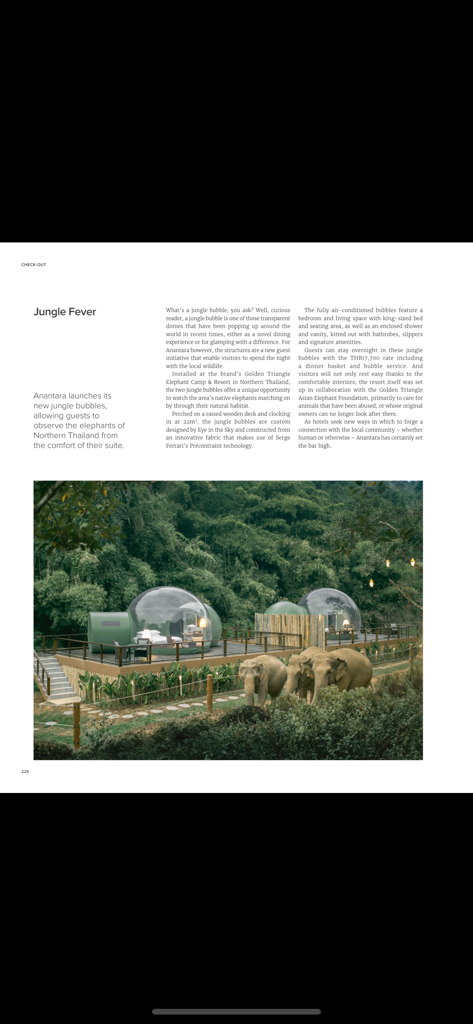 Sleeper Magazine - Sleeper Magazine Artikel über transparente Dschungel-Bubble-Suiten in Thailand mit Elefanten
