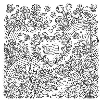 Dive into a vibrant world of blooming forest flowers celebrating Pride Month. This intricate coloring page features beautiful botanical designs intertwined with symbols of love, diversity, and joy.