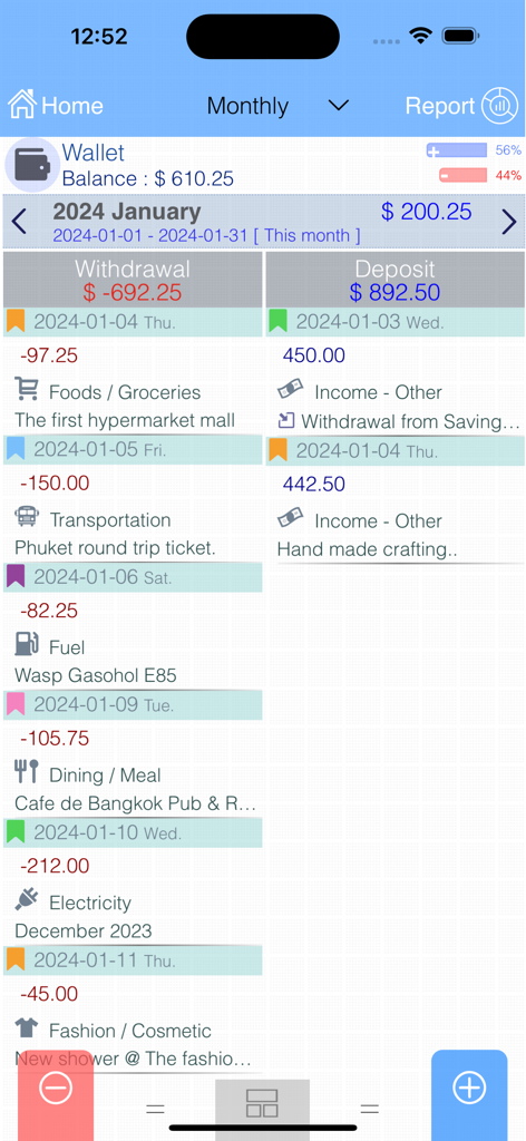 Un resumen de transacciones mensuales en la aplicación Evo Wallet que muestra columnas separadas para depósitos de ingresos y retiros de gastos con iconos categorizados.