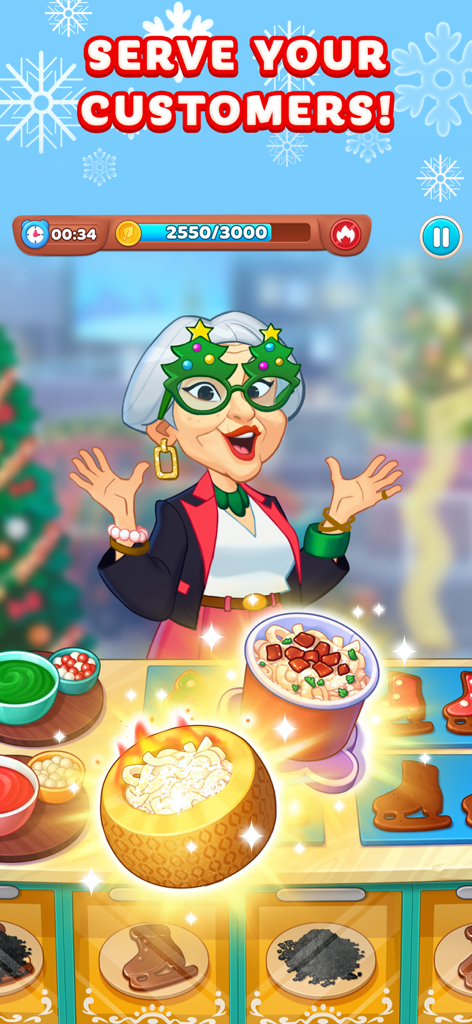 Chef and Friends Cooking Gameのゲームプレイ画面。冬をテーマにしたレベルで、お祭り気分のメガネをかけたキャラクターが料理の提供を待っている。