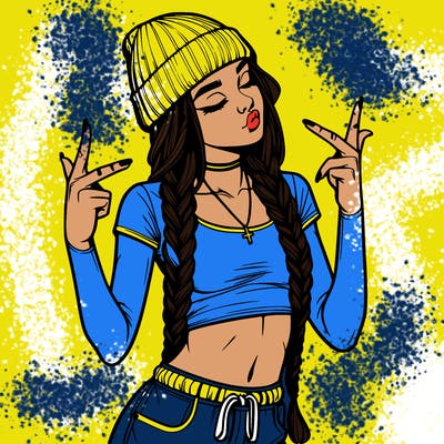 realistic teenage girl with braids and a beanie and crop top doing 🫶🏼