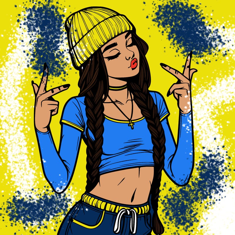 realistic teenage girl with braids and a beanie and crop top doing 🫶🏼