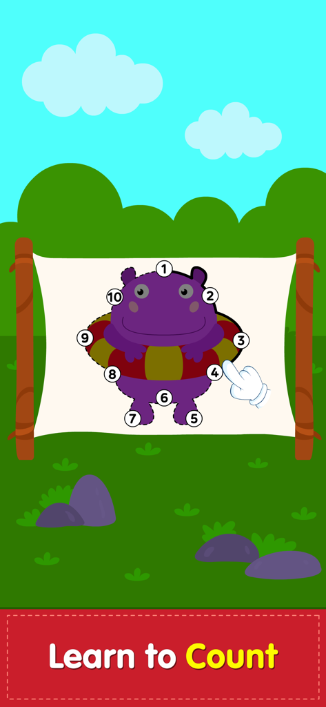 123 Number Math Games for Kids - Juego educativo de contar para pequeños con un personaje de hipopótamo morado y números del uno al diez