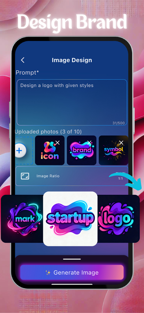 Aethia AI Photo & Video Editor - Interface do aplicativo Aethia AI para gerar logotipos e ícones de marca profissionais usando prompts de texto