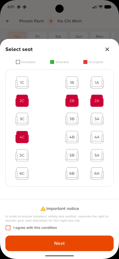 BS Bus Cambodia - Seat selection screen in the BS Bus Cambodia app showing available and occupied bus seats